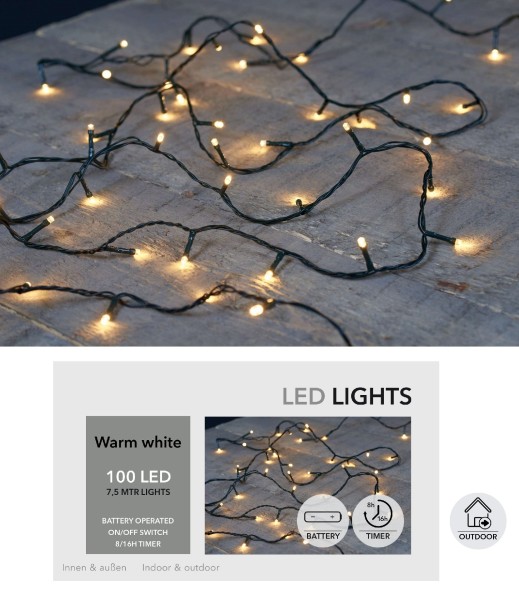 LED Lichterkette 100LED L750cm (Timer/3xAA/IP44/Outdoor)